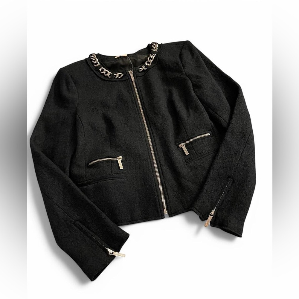 Michael Kors Black Blazer with Silver Zipper and Collarless Design
